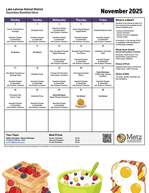 Breakfast menu for November 2025